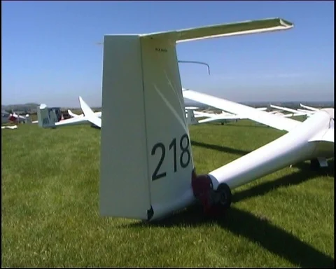 Panning shot of multiple gliders parked on airfield Video stock 95608653