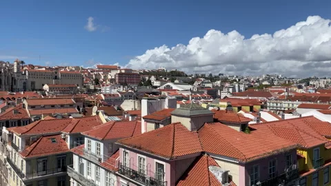 Panning Shot Over Historic Rooftops and Tagus River Skyline in Lisbon Stock Footage 340412219