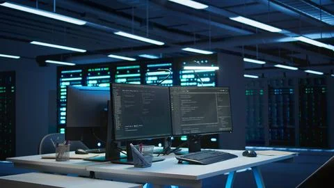 Panning shot of PC monitors in data center Stockfoto's