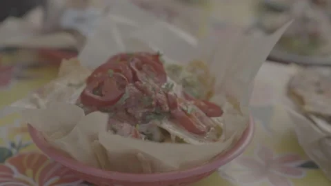 Panning shot of pitta bread, nachos and Mexican food on table, authentic meal Stock Footage 201610550