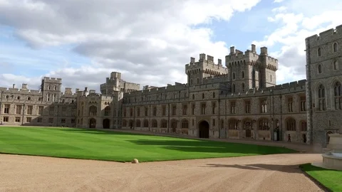 Panning shot of the quadrangle and upper ward of windsor castle Stock Footage 83030418