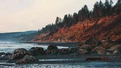 Panning shot of rocky beach with pine cliff at dusk 스톡 동영상 342139040