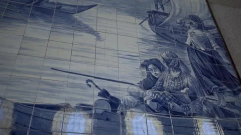 Panning shot of some iconic ceramic tiles (portuguese azulejos), inside of Stock Footage 269161752