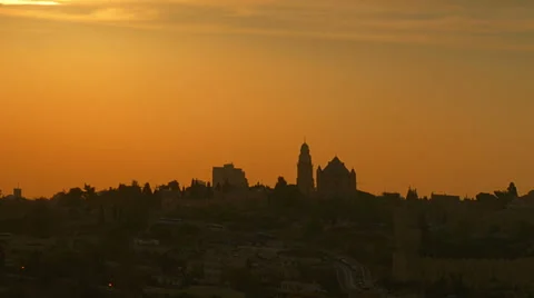 Panning shot of Sunset time-lapse of Jerusalem from the Mount of Olives Stock Footage 54163014