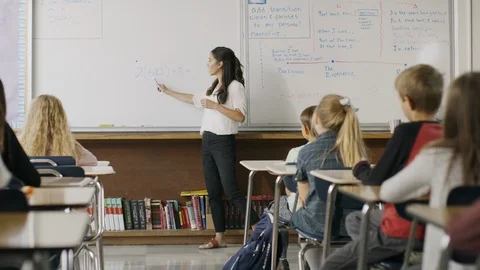 Panning shot of teacher questioning students in classroom ,Provo, Utah, United Stock Footage