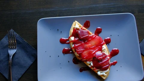 Panning shot Top view. Fresh beautiful dessert food in the restaurant. Stock Footage 102896707