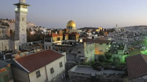 Panning shot of Tracking time-lapse of Jerusalem and the Dome of the Rock at Stock Footage 54337756
