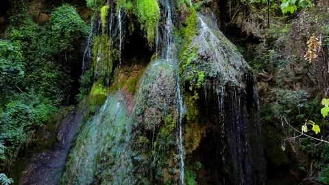 Panning shot of waterfall cascading over moss covered rocks with lush folia.. Stock Footage 335801865