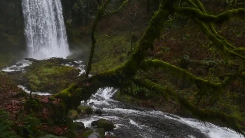 Panning shot waterfall w/ audio. Pacific Northwest Upper Bridal Veil Falls Stock Footage 70249442