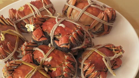 Panning: Steamed crabs tied with strings served in plate - Suzhou, China Stock Footage 149674959