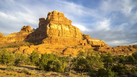 Panning Sunset Timelapse of a Red Sandstone Butte in Canyonlands National Park Stock Footage 129037594