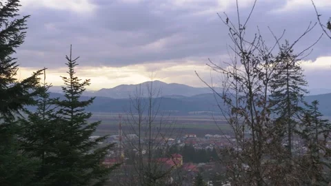 Panning through Trees Over Valley with Mountains in background Stock Footage 149893828