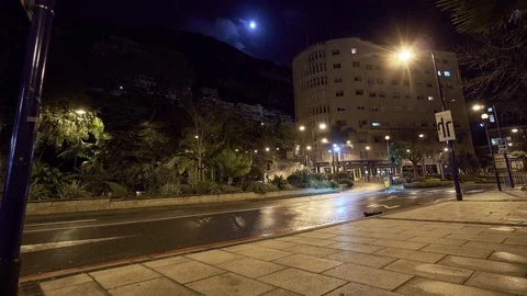 Panning Timelapse of empty street in Gibraltar at night Stock Footage 77405965