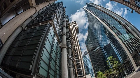 Panning timelapse view of office buildings in the City of London Stock Footage 86476327
