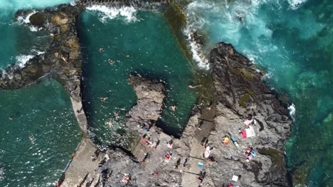 Panning top view of a natural pools in Agaete, Gran Canaria, Spain Stock Footage 279217370