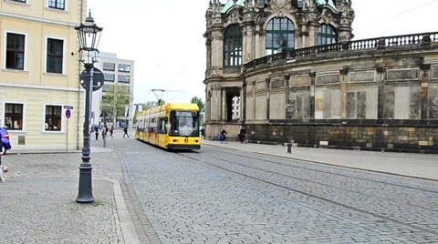 Panning with tram in Dresden, Germany. In the background the Zwinger Stock Footage 37496306