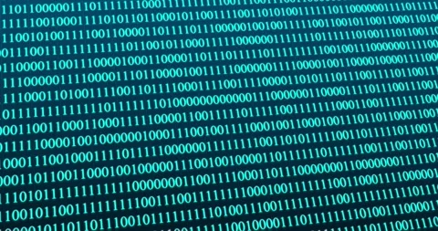 A panning video of a blinking blue binary code technology concept Vidéo 337427220