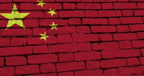 A panning video of a brick wall with the china flag Stock Footage 337427868