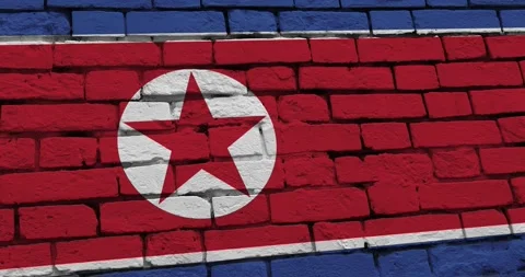 A panning video of a brick wall with the north korea flag Video stock 337429980