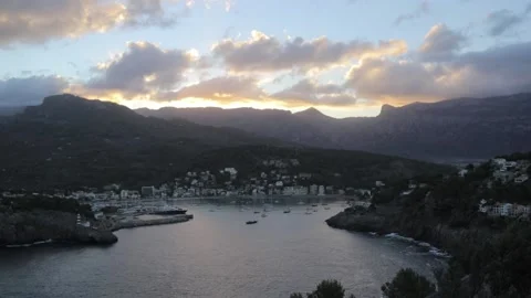 Panning video of the port de soller in mallorca during sunrise Stock Footage 166393585