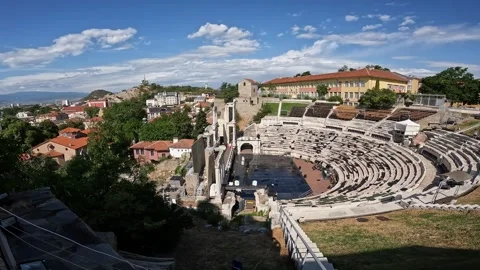 Panning view of Ancient Theatre of Philippopolis in Plovdiv BG Stock Footage 333315049