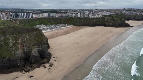 Panning view beach at  Newquay Cornwall UK drone,aerial Stock Footage 255584067