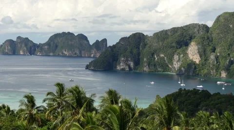 Panning view of beautiful bay near Koh Phi Phi Don island from Phi Phi Viewpoint Stock Footage 59775097