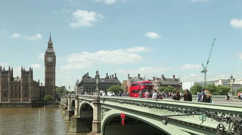 Panning view of Big Ben, Westminster and London Buses Stock Footage 51430375