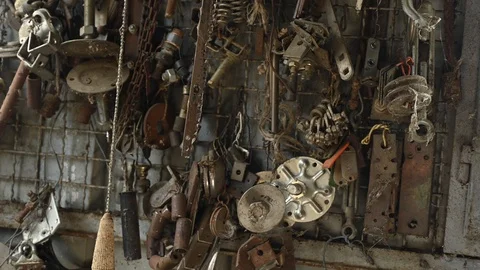 Panning view of carpentry machine parts in a workshop Stock Footage 105131205