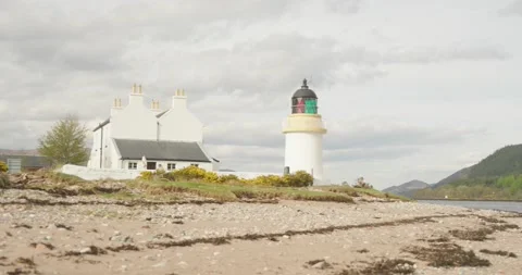 Panning View of Corran Point Lighthouse &amp; Loch Linnhe in the Highlands Stock-Footage 239777517