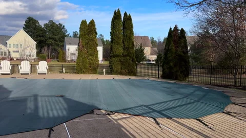 Panning view, Covered swimming Pool in Suburban Backyard During Winter Vídeos de archivo 325972141