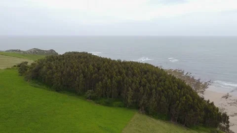 Panning view from fields to beach of Playa de Oyambre, Cantabria, Spain 4K Stock Footage 155599803