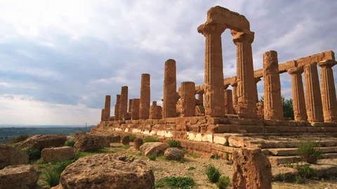 Panning view of Greek temple of Juno in the valley of temples in Sicily Stock Footage 104599415