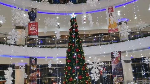 Panning view of huge christmas tree, Swanky mall, Bangalore 스톡 동영상 100387222