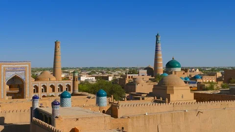 Panning view of Ichon-Qala, the old town of Khiva, in Uzbekistan. Stock Footage 88307579