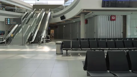 Panning View, Locked Down Airport, Stopped Escalator, Abandoned Stock Footage 130277461