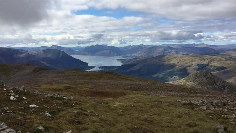 Panning view from a mountain ridge in the Scottish Highlands. Stock Footage 71100463