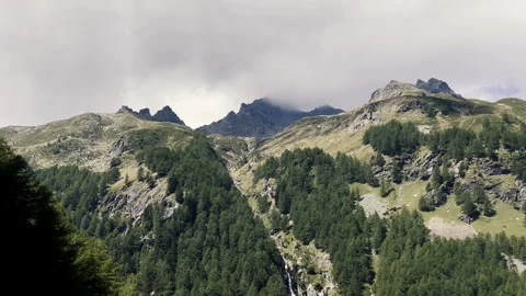 Panning view of Piz Ferre mountain - Alpine peaks and forest in Italian Alps Stock Footage 328396358