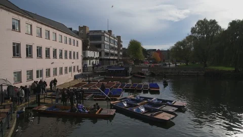 Panning view of a punting station on the river Cam at Cambridge (England) Stock Footage 101198129