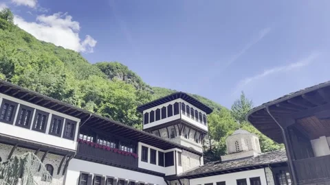 Panning View Rila Monastery Courtyard Hrelyo Tower Arcades Forest Bulgaria Stock-Footage 344478595