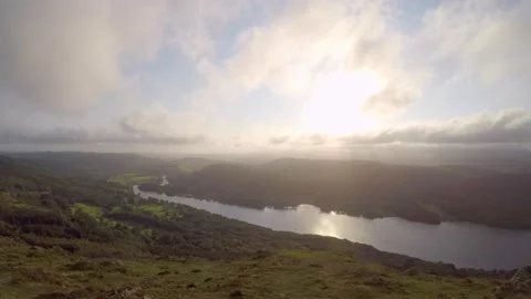 Panning view from the summit of Gummer's How Lake District Stock Footage 139806299