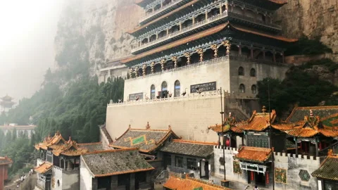Panning view of the temple at the Mian Mountain nature park,Shanxi province Stock Footage 97792013