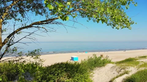 Panning view typical Baltic sea coast landscape beach view in Lithuania. Blue Stock Footage 155616341