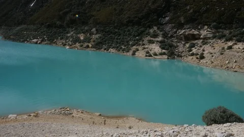 Panning view view Of Llanganuco Lakes, Cordillera Blanca, Peru Stock Footage 106451993