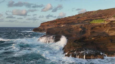 An panning view of waves crashing on the coast along the East side of Oahu. Stock Footage 179777780