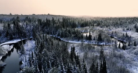Panning view of a winding Creek in winter Stock Footage 169601230