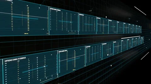 Panning virtual camera revealing two-tier teal data wall in corridor, exposing Vídeo Stock 337505044
