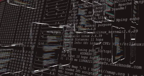 Panning virtual camera rightward, folder panels revealing network-scan terminal Stock Footage 331169149