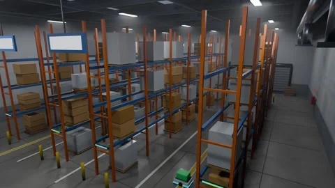 Panning warehouse showing pallet racking with boxes while AGVs moving on yellow Stock Footage 339193888