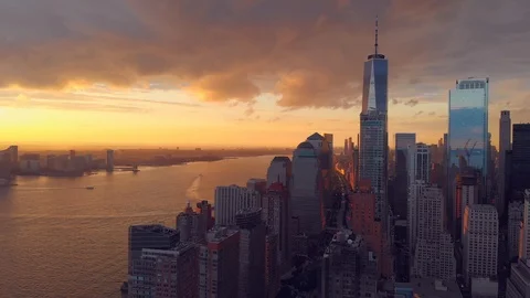 Pano view of sunset over New York Stock Footage 93236473